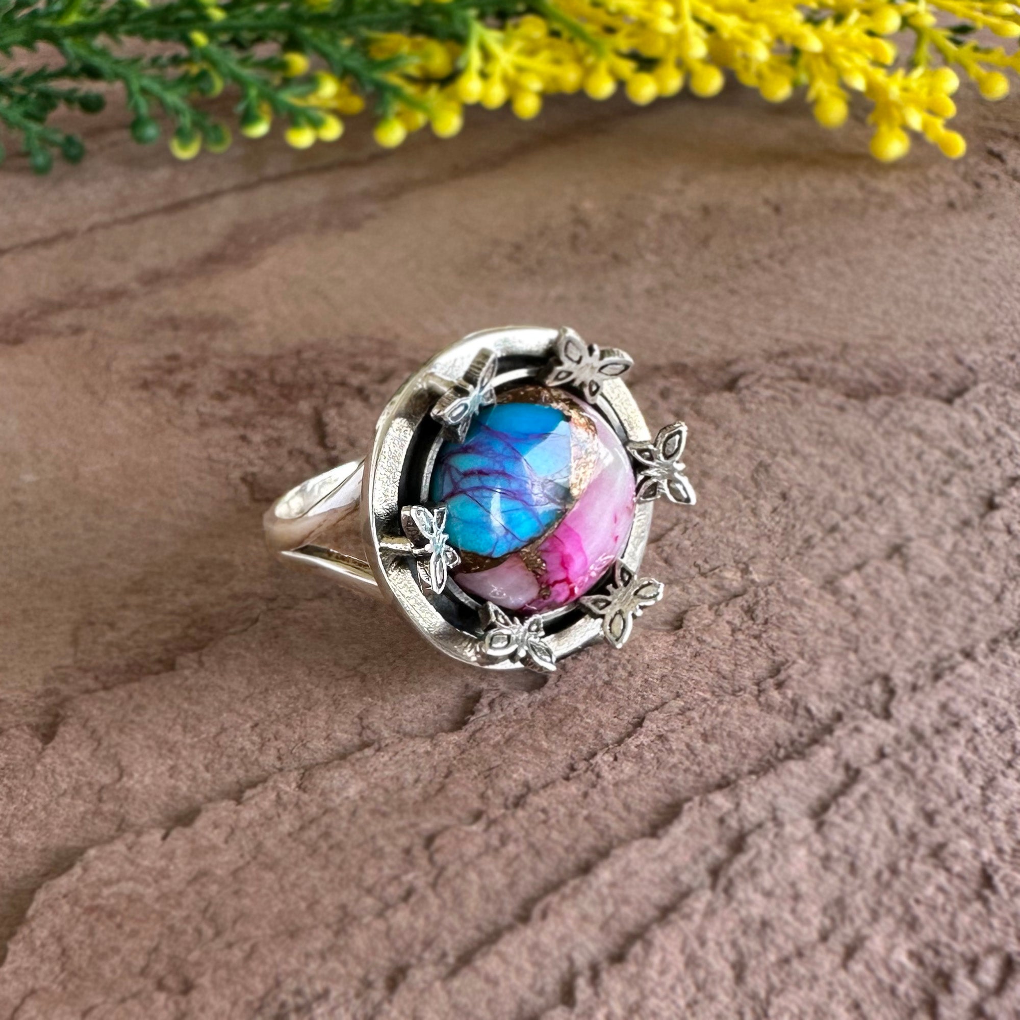 Handmade Butterfly Statement Ring - Blue & Pink Mojave Turquoise Silver Ring