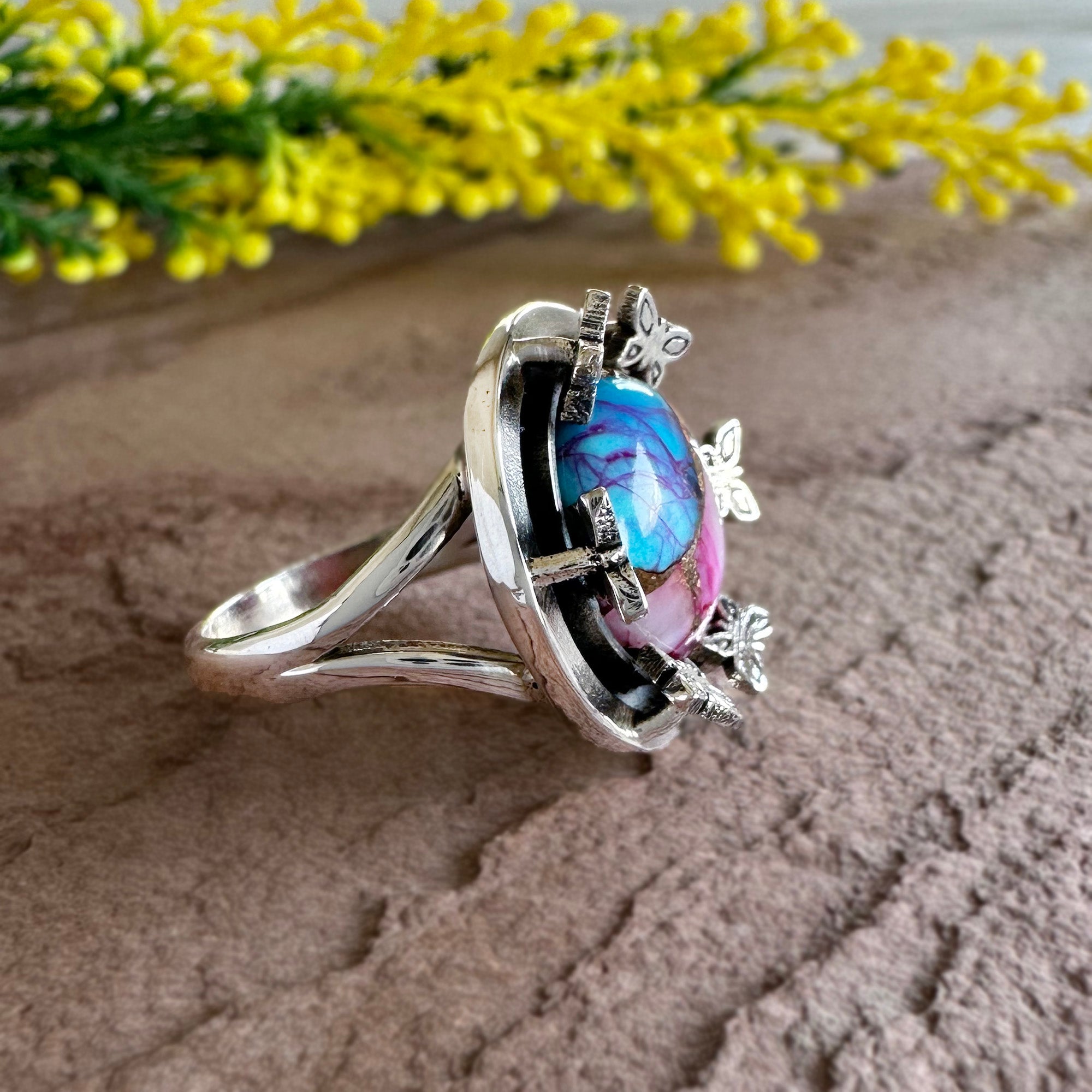 Handmade Butterfly Statement Ring - Blue & Pink Mojave Turquoise Silver Ring