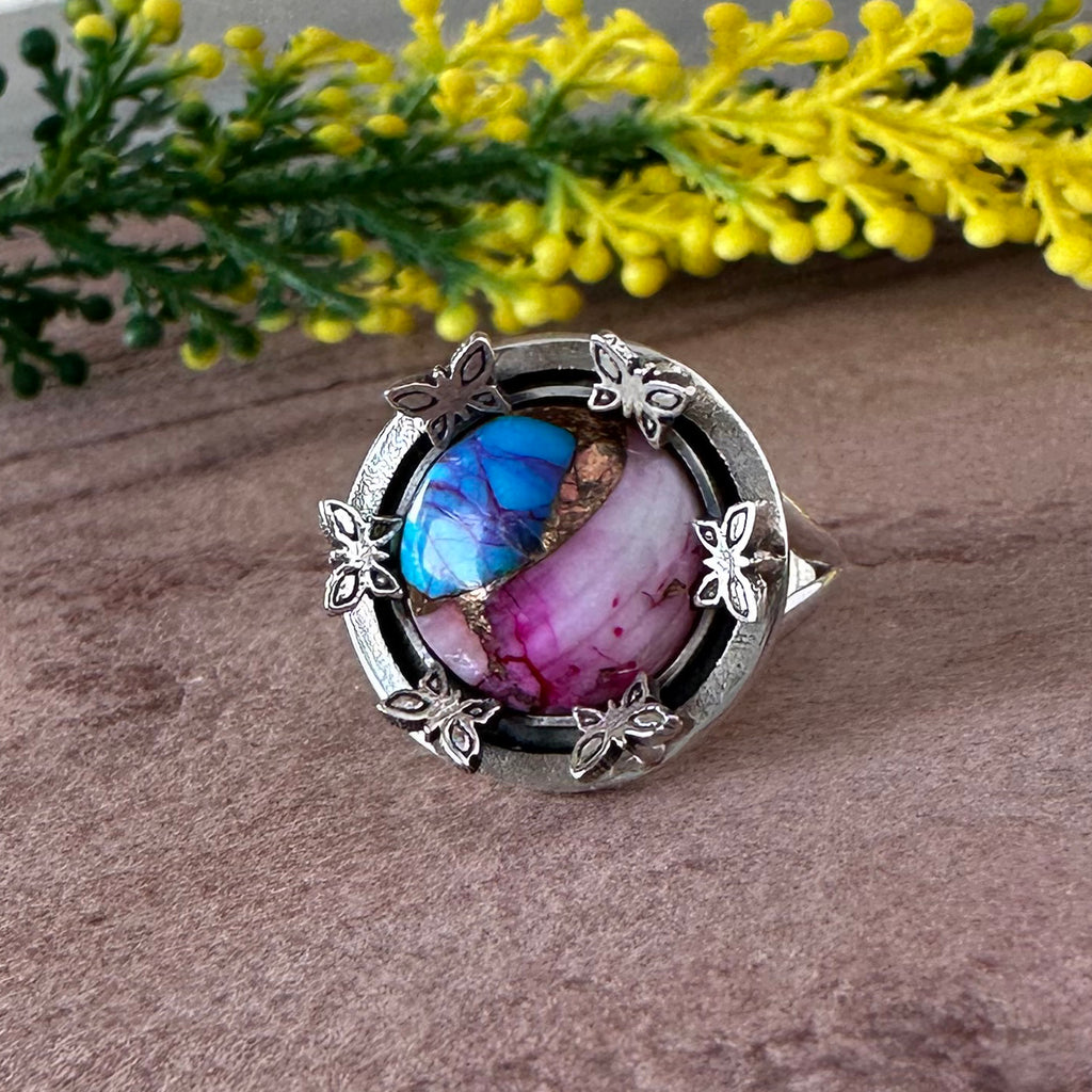 Handmade Butterfly Statement Ring - Blue & Pink Mojave Turquoise Silver Ring
