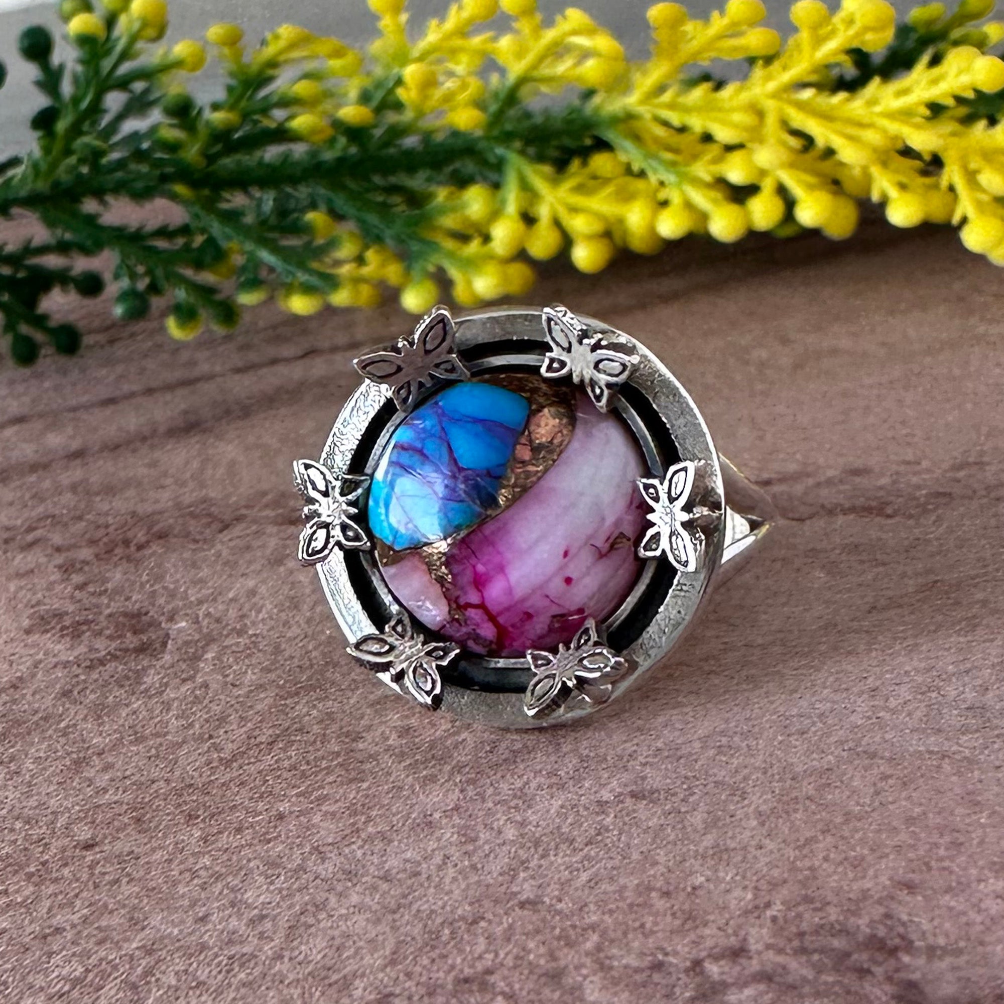 Handmade Butterfly Statement Ring - Blue & Pink Mojave Turquoise Silver Ring