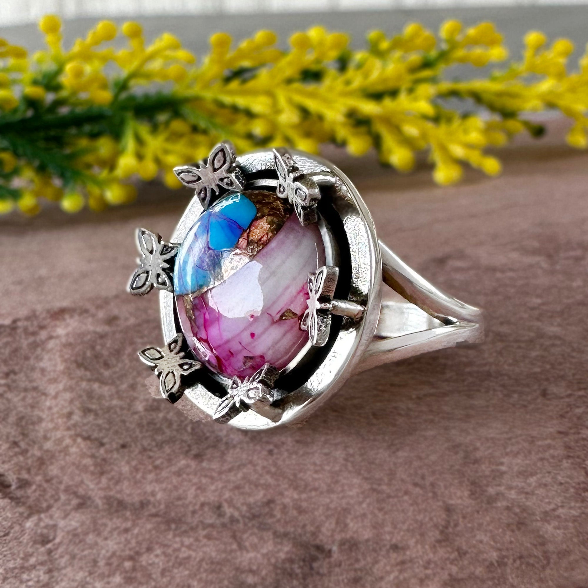 Handmade Butterfly Statement Ring - Blue & Pink Mojave Turquoise Silver Ring
