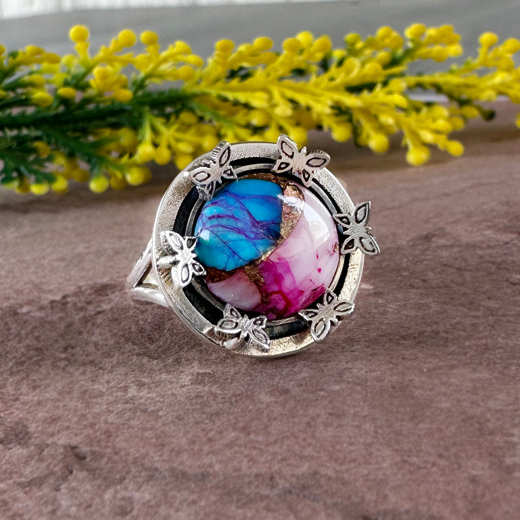 Handmade Butterfly Statement Ring - Blue & Pink Mojave Turquoise Silver Ring