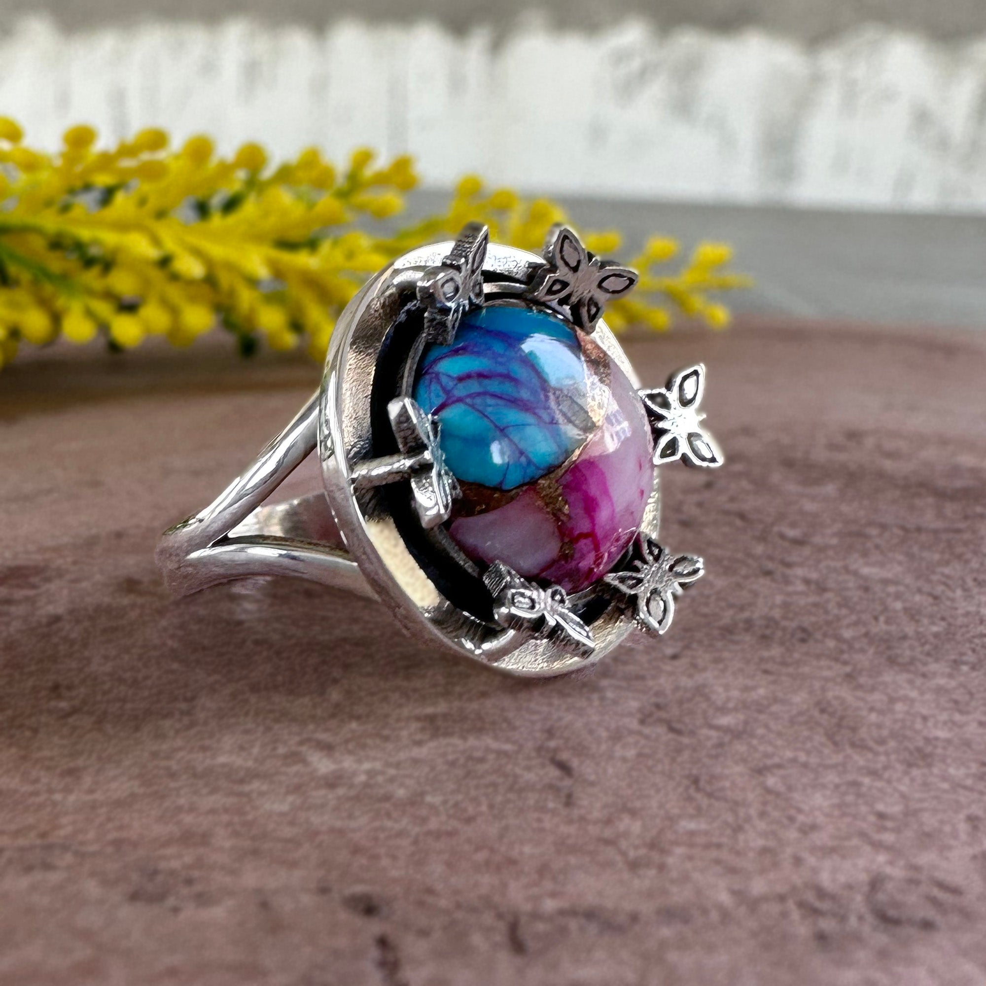 Handmade Butterfly Statement Ring - Blue & Pink Mojave Turquoise Silver Ring