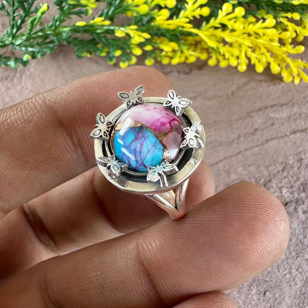 Handmade Butterfly Statement Ring - Blue & Pink Mojave Turquoise Silver Ring