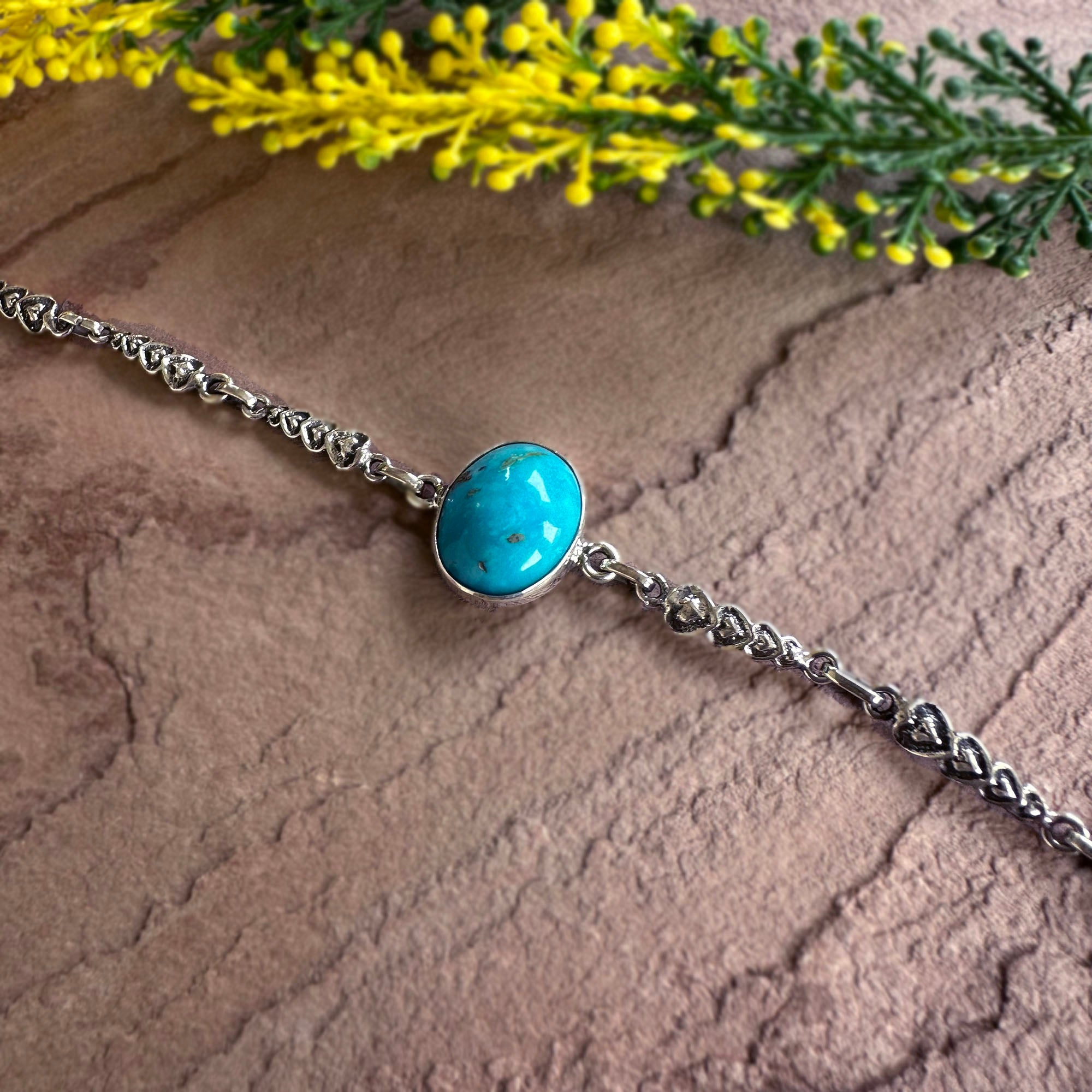 Sacred Heart Turquoise Link Bracelet in 925 Sterling Silver