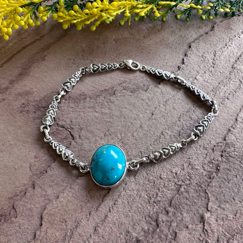 Sacred Heart Turquoise Link Bracelet in 925 Sterling Silver