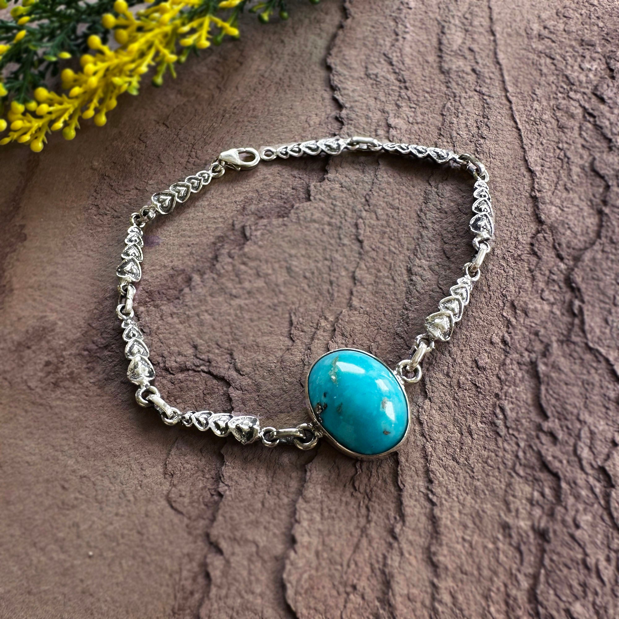 Sacred Heart Turquoise Link Bracelet in 925 Sterling Silver
