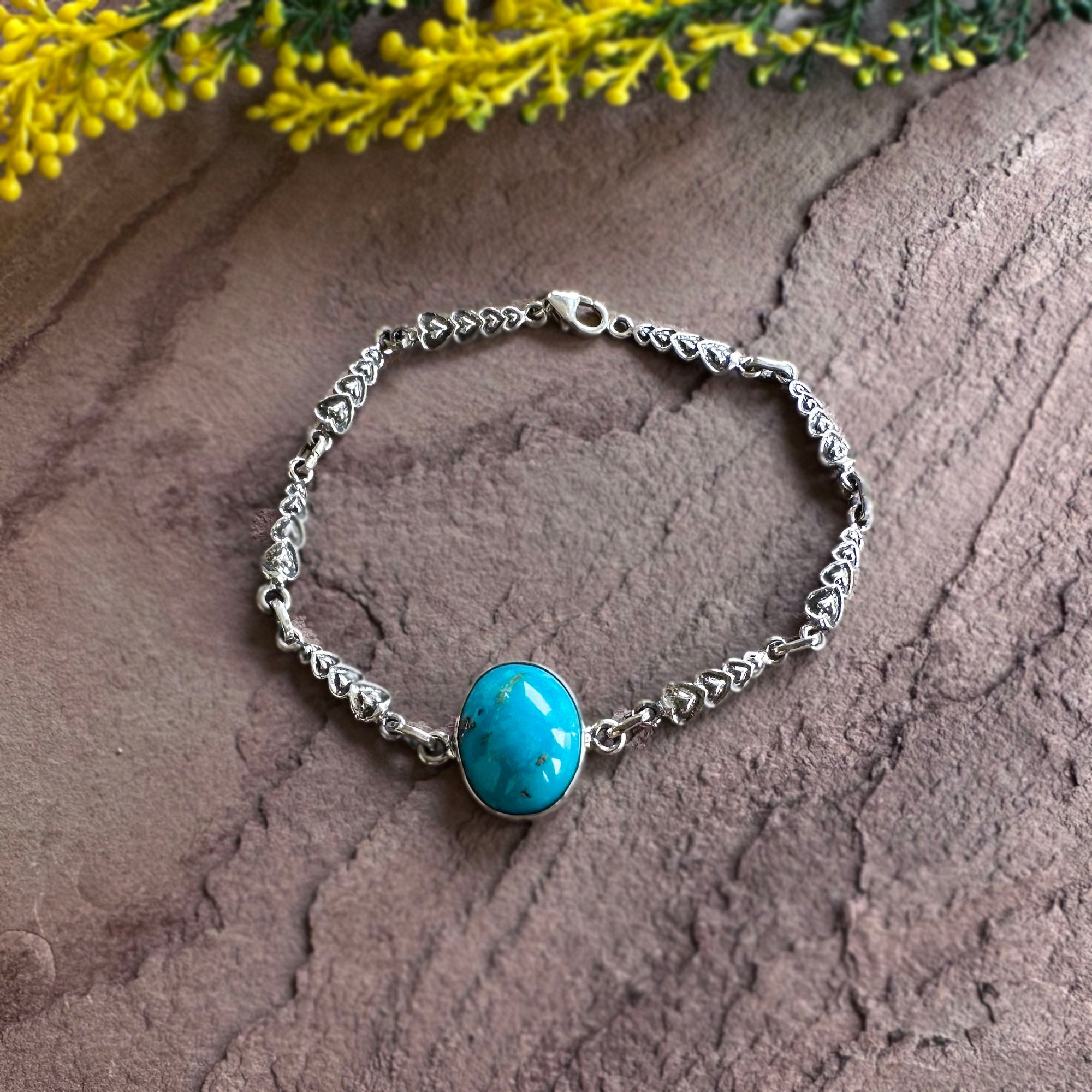 Sacred Heart Turquoise Link Bracelet in 925 Sterling Silver