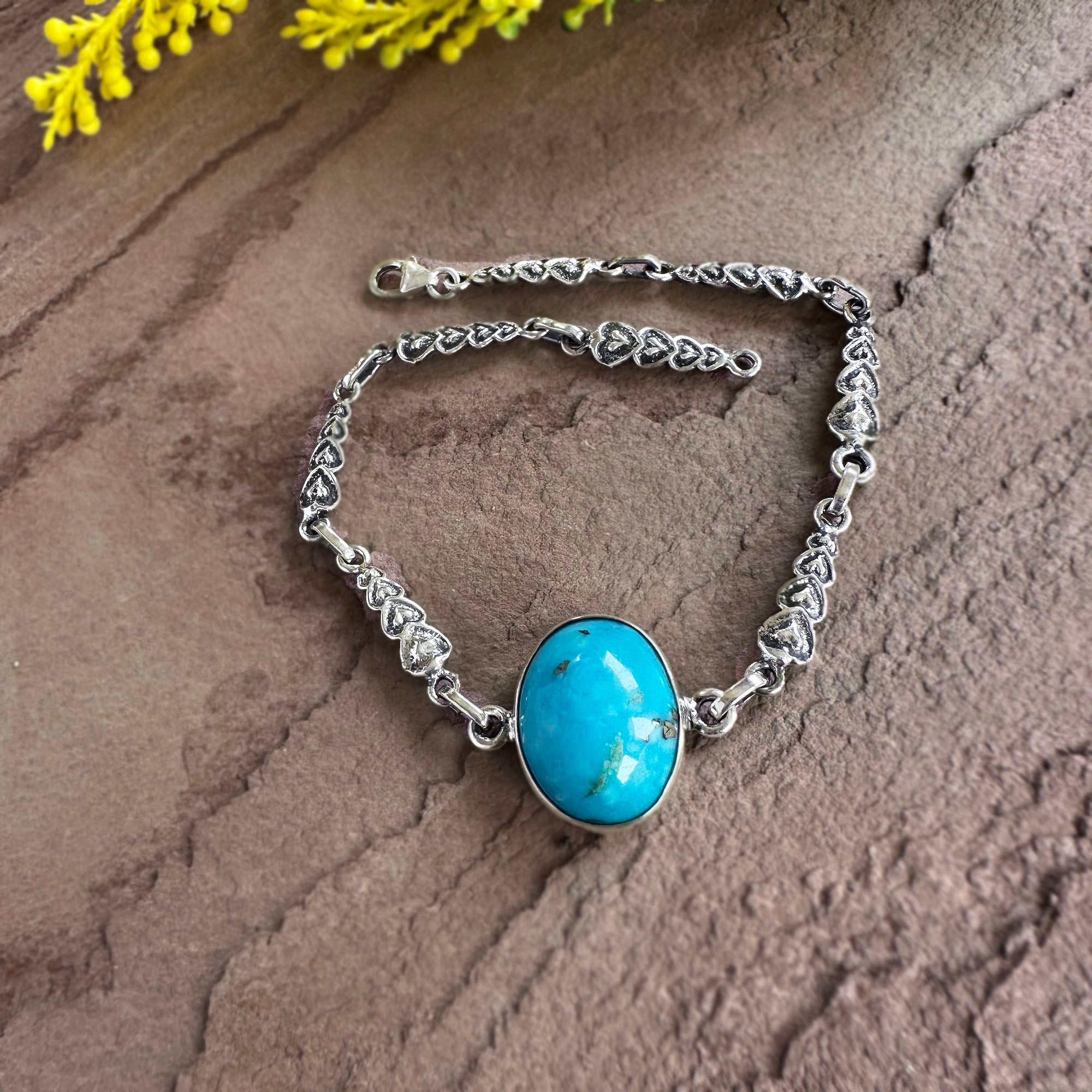Sacred Heart Turquoise Link Bracelet in 925 Sterling Silver