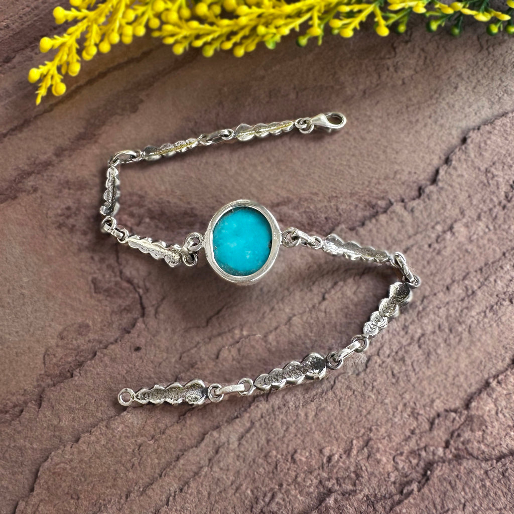 Sacred Heart Turquoise Link Bracelet in 925 Sterling Silver