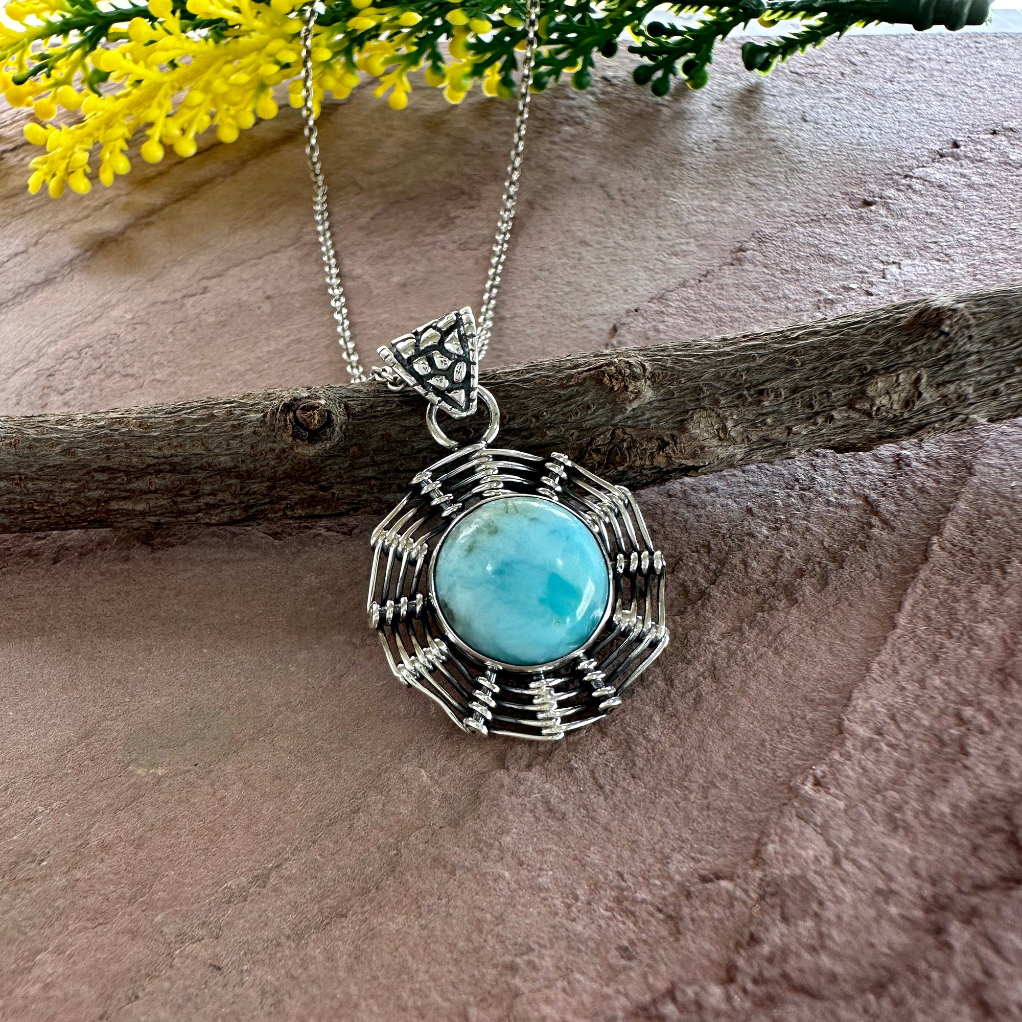 Sunburst Larimar Weaver Pendant Necklace