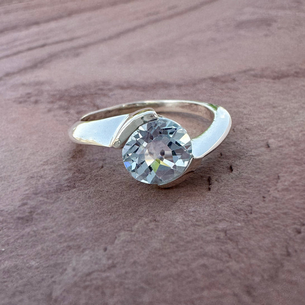 Round Faceted Blue TopazRing – Handcrafted 925 Sterling Silver Statement Ring