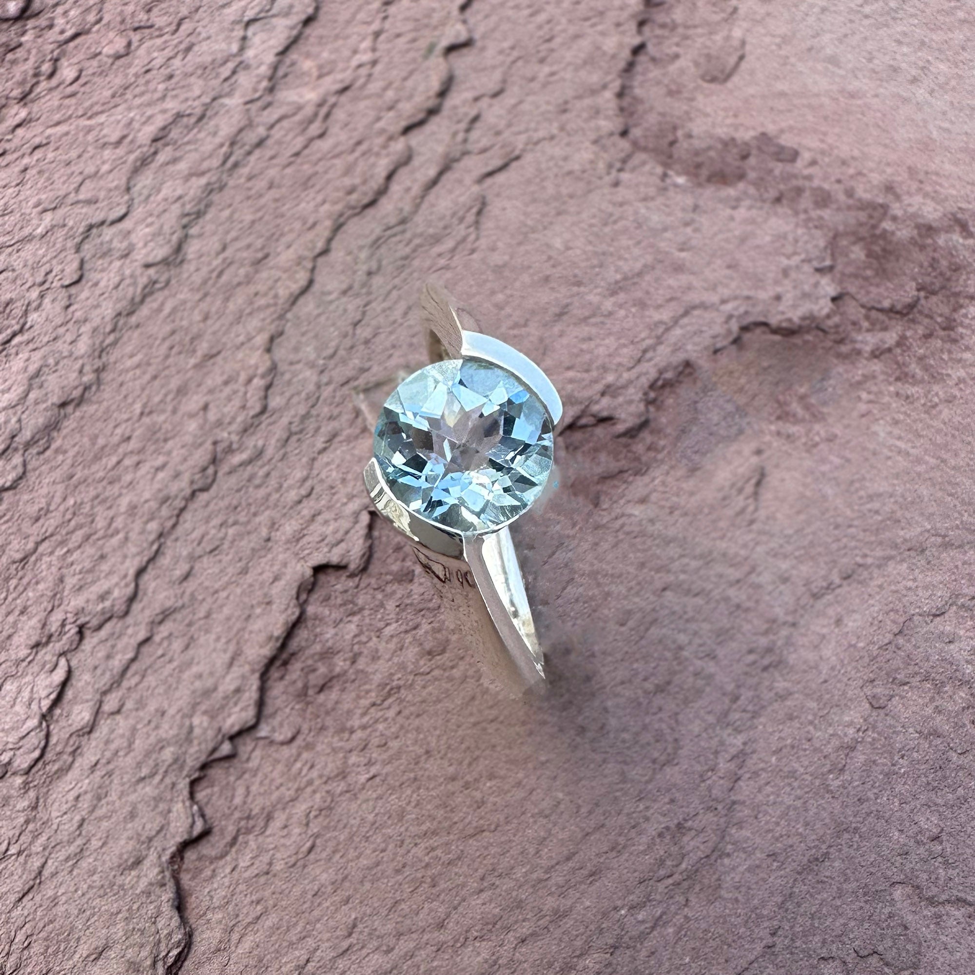 Round Faceted Blue TopazRing – Handcrafted 925 Sterling Silver Statement Ring