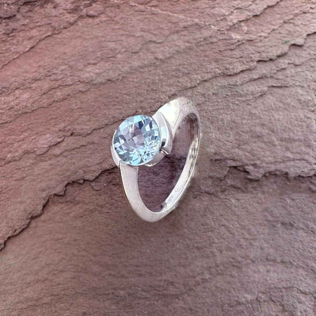 Round Faceted Blue TopazRing – Handcrafted 925 Sterling Silver Statement Ring