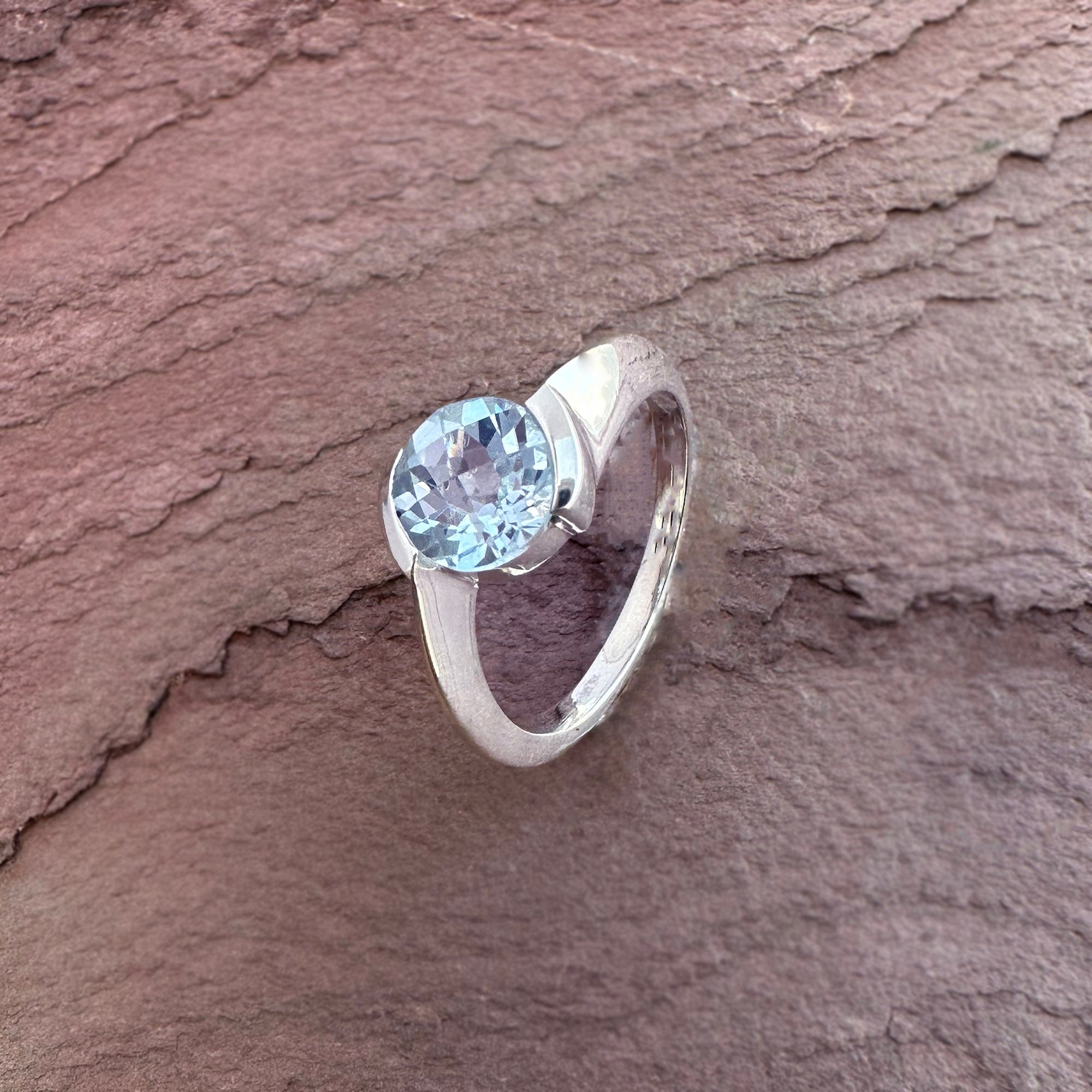 Round Faceted Blue TopazRing – Handcrafted 925 Sterling Silver Statement Ring