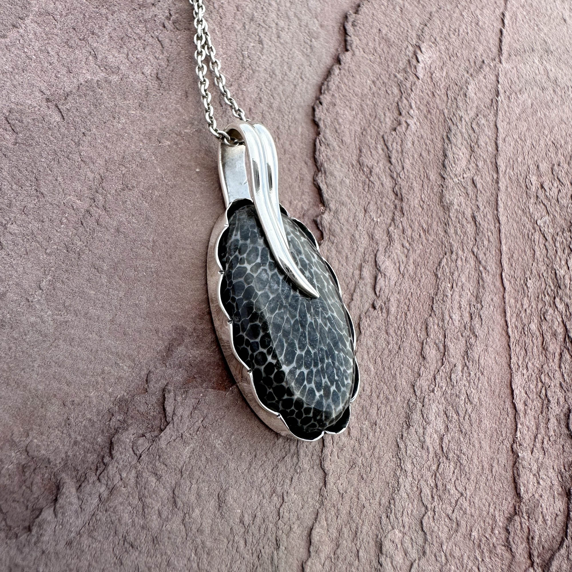 Artisan Black Fossil Coral Silver Pendant