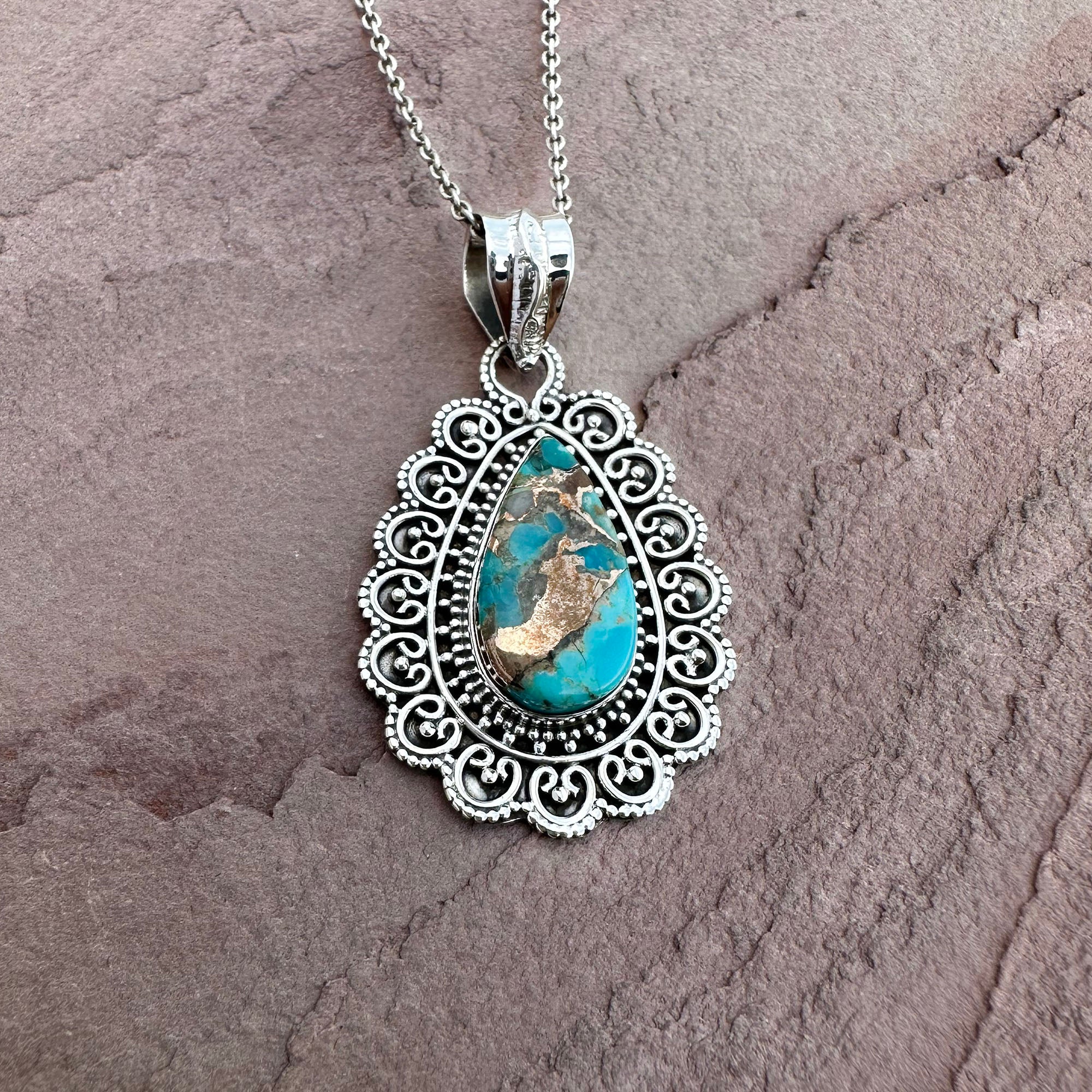 Vintage Turquoise Filigree Pendant Necklace