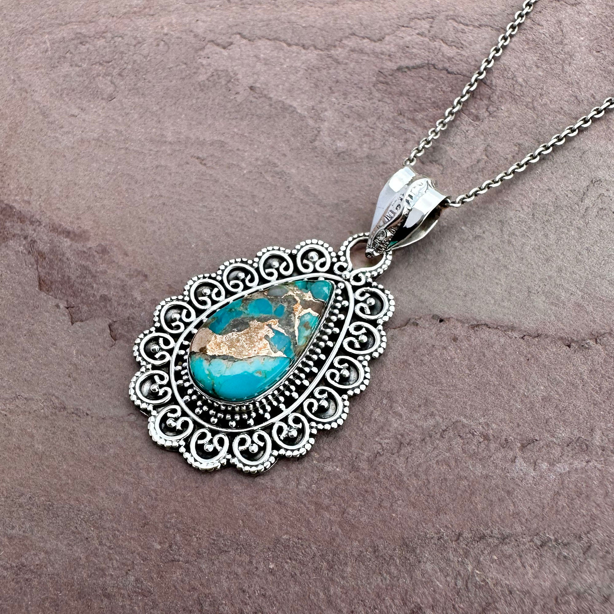 Vintage Turquoise Filigree Pendant Necklace
