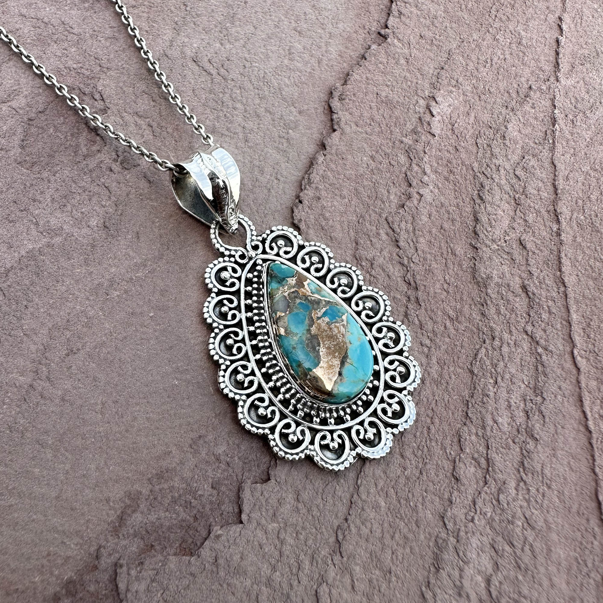 Vintage Turquoise Filigree Pendant Necklace