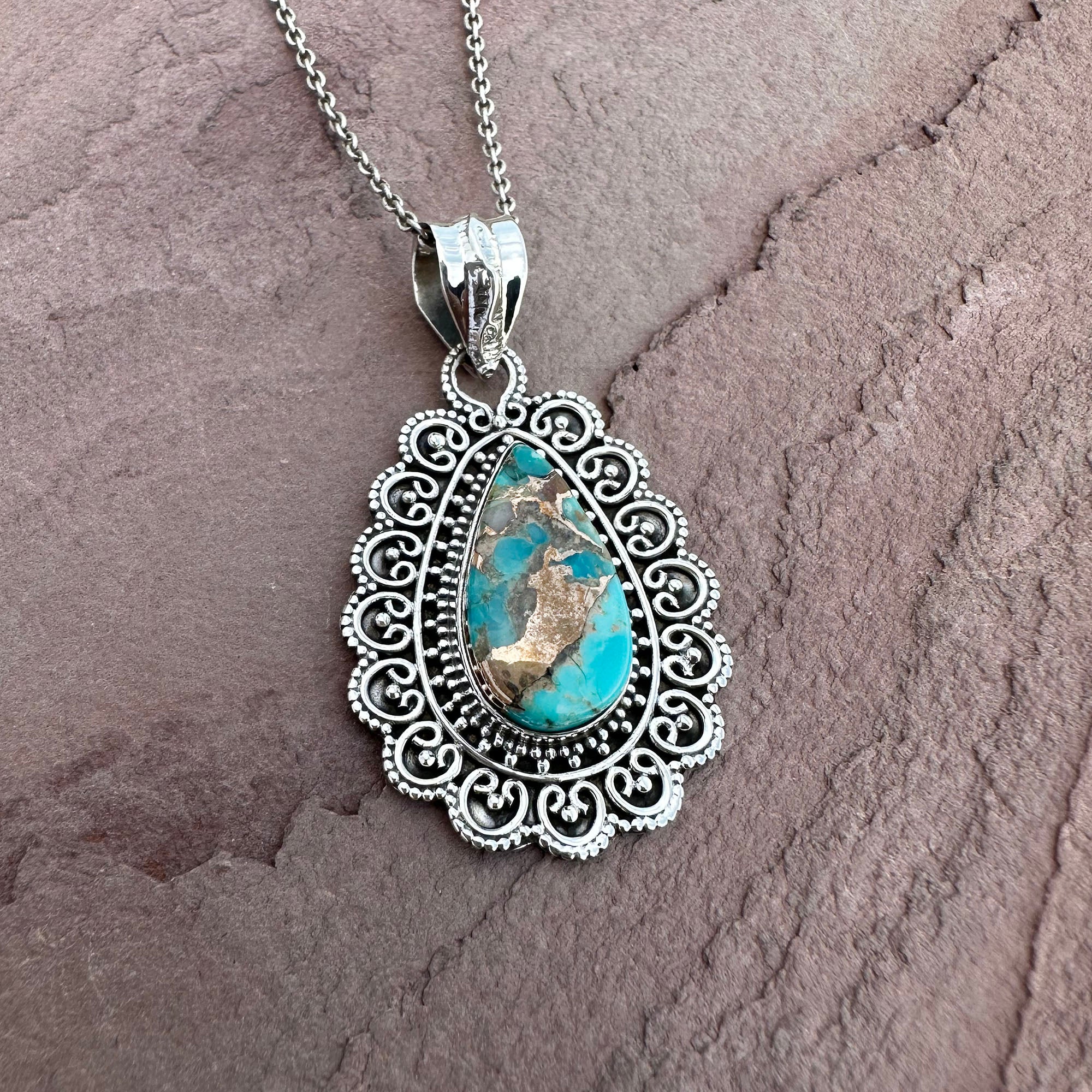 Vintage Turquoise Filigree Pendant Necklace