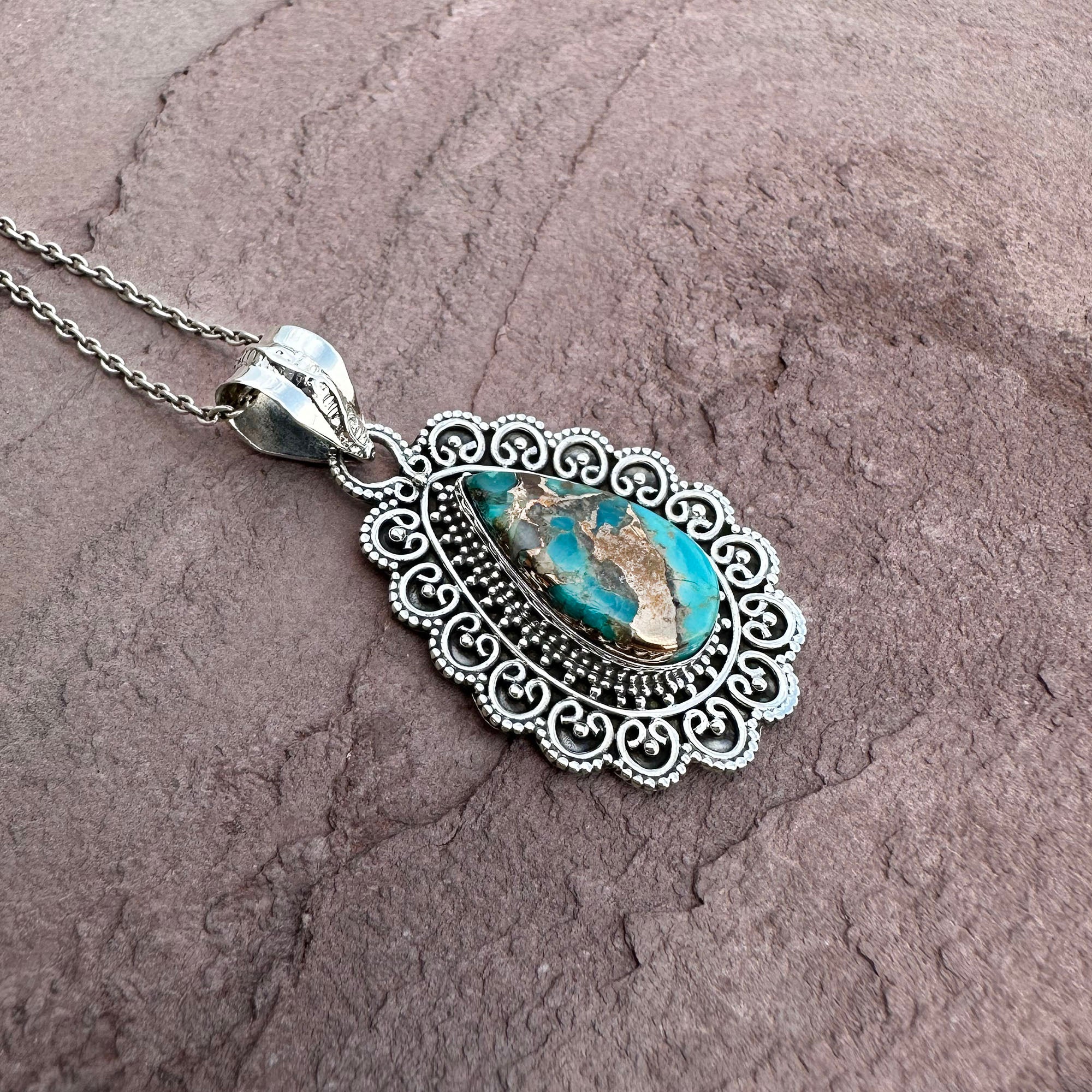 Vintage Turquoise Filigree Pendant Necklace