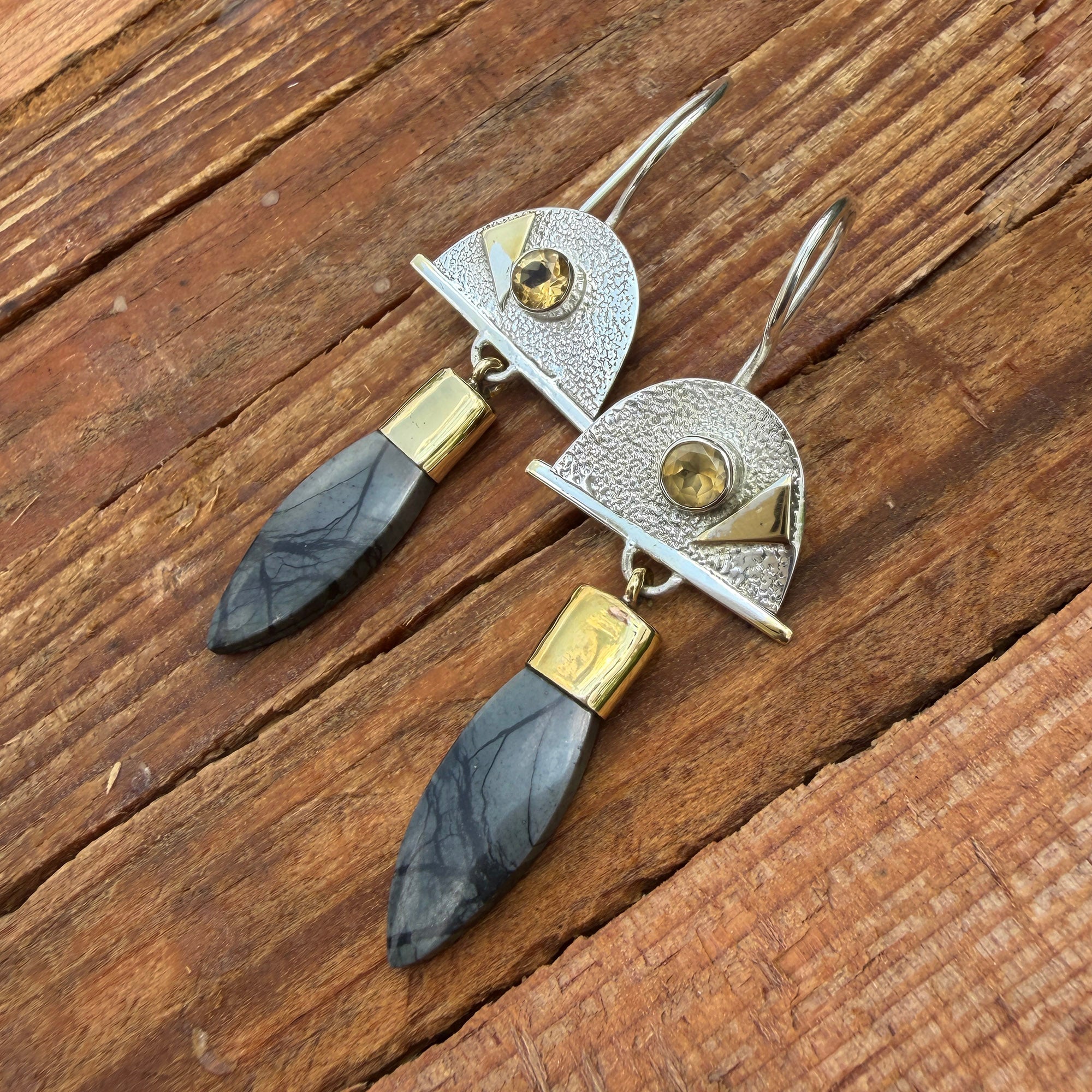 Geometric Two-Tone Citrine and Stone Drop Earrings