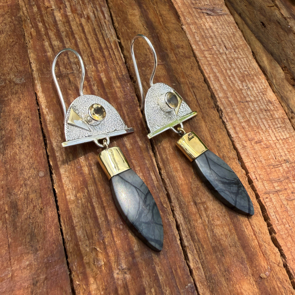 Geometric Two-Tone Citrine and Stone Drop Earrings