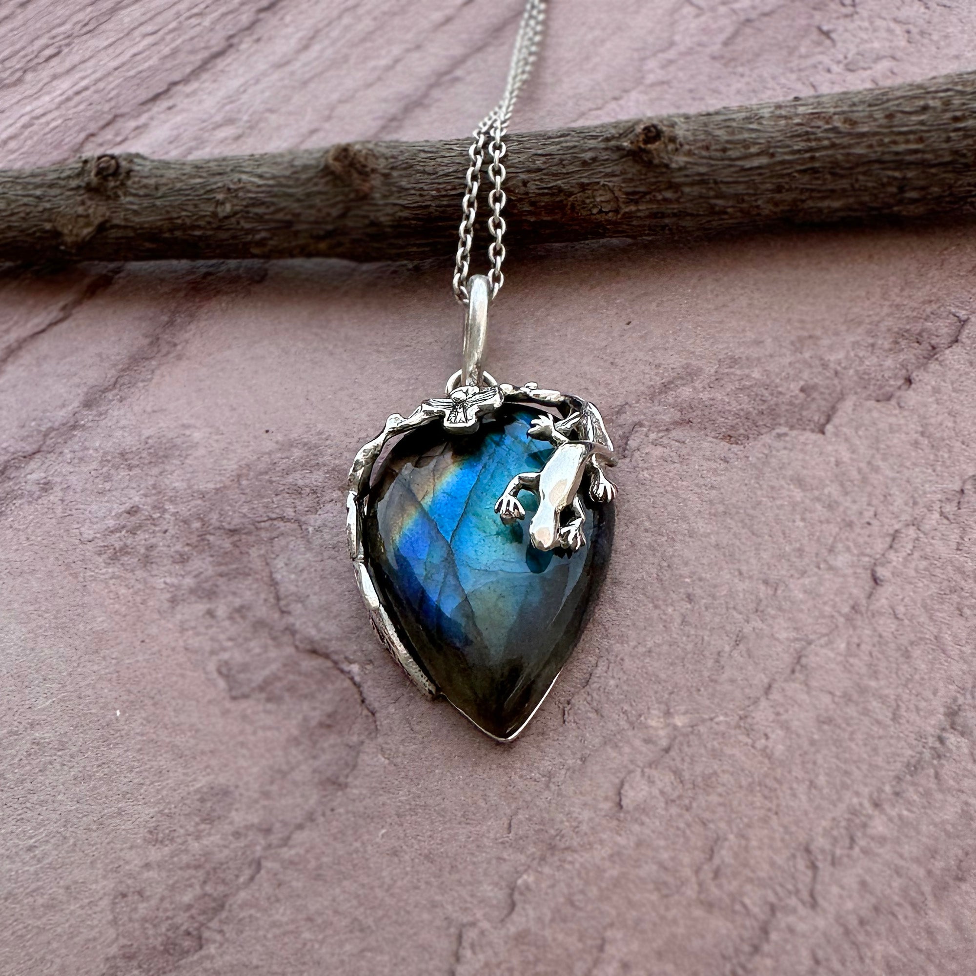 Vintage Royal Labradorite Pendant Necklace in 925 Sterling Silver Jewelry- Organic Vine Wrap Crystal Design