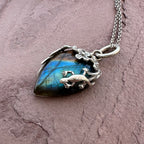 Vintage Royal Labradorite Pendant Necklace in 925 Sterling Silver Jewelry- Organic Vine Wrap Crystal Design