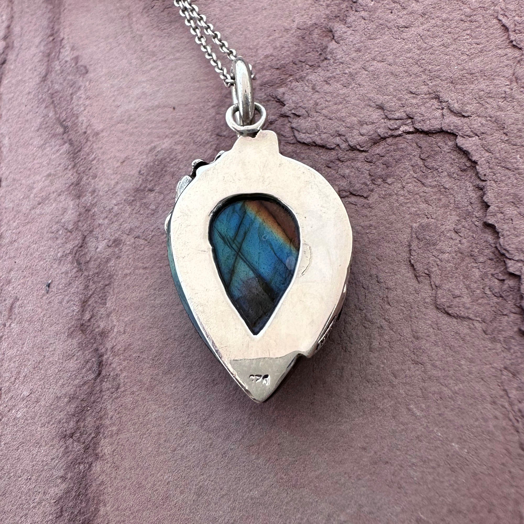 Vintage Royal Labradorite Pendant Necklace in 925 Sterling Silver Jewelry- Organic Vine Wrap Crystal Design