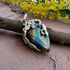 Vintage Royal Labradorite Pendant Necklace in 925 Sterling Silver Jewelry- Organic Vine Wrap Crystal Design