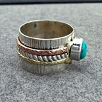 Turquoise Flower Spinner Ring – Mixed Metal Band – Sterling Silver & Copper Boho Statement Jewelry