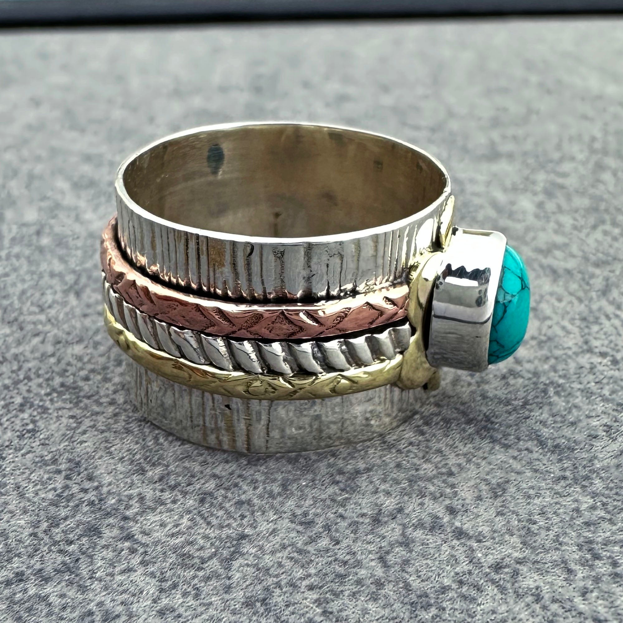 Turquoise Flower Spinner Ring – Mixed Metal Band – Sterling Silver & Copper Boho Statement Jewelry