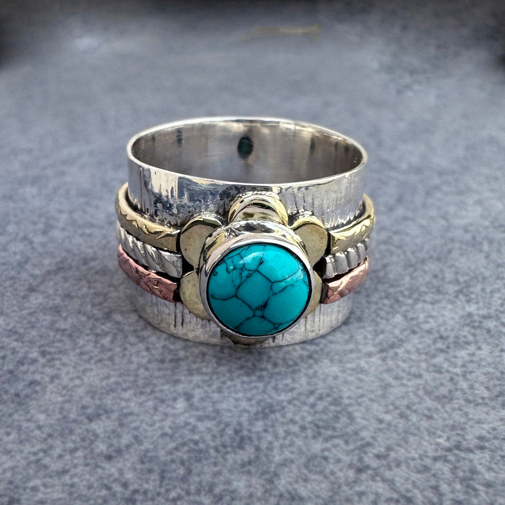 Turquoise Flower Spinner Ring – Mixed Metal Band – Sterling Silver & Copper Boho Statement Jewelry