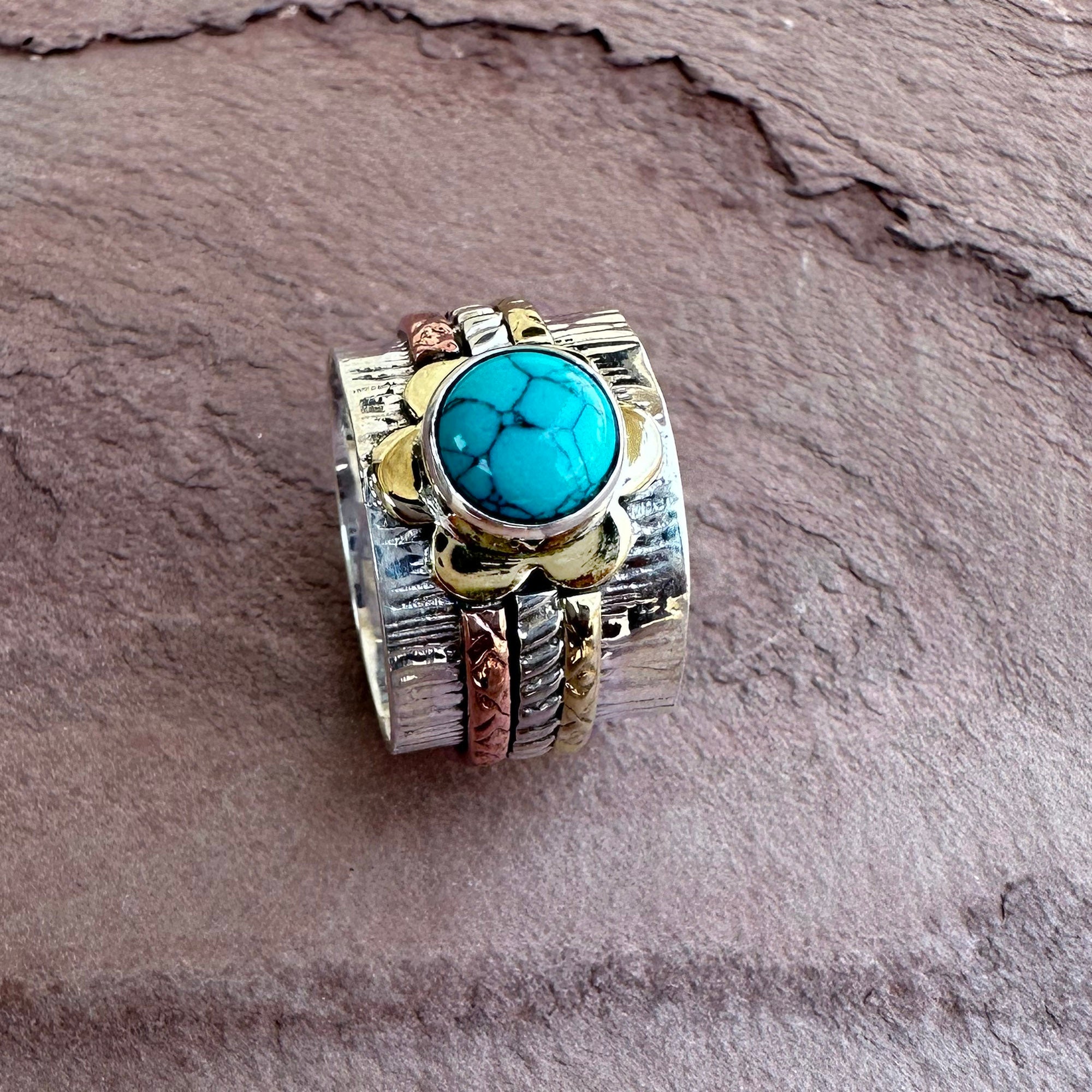 Turquoise Flower Spinner Ring – Mixed Metal Band – Sterling Silver & Copper Boho Statement Jewelry