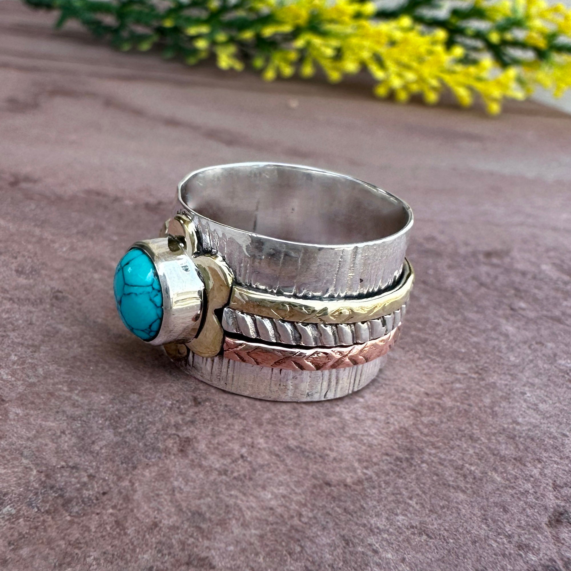 Turquoise Flower Spinner Ring – Mixed Metal Band – Sterling Silver & Copper Boho Statement Jewelry