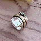 Mixed Metal Spinner Ring with Peridot – Three Peridot Stone Meditation Ring – Sterling Silver, Copper, and Brass Boho Ring