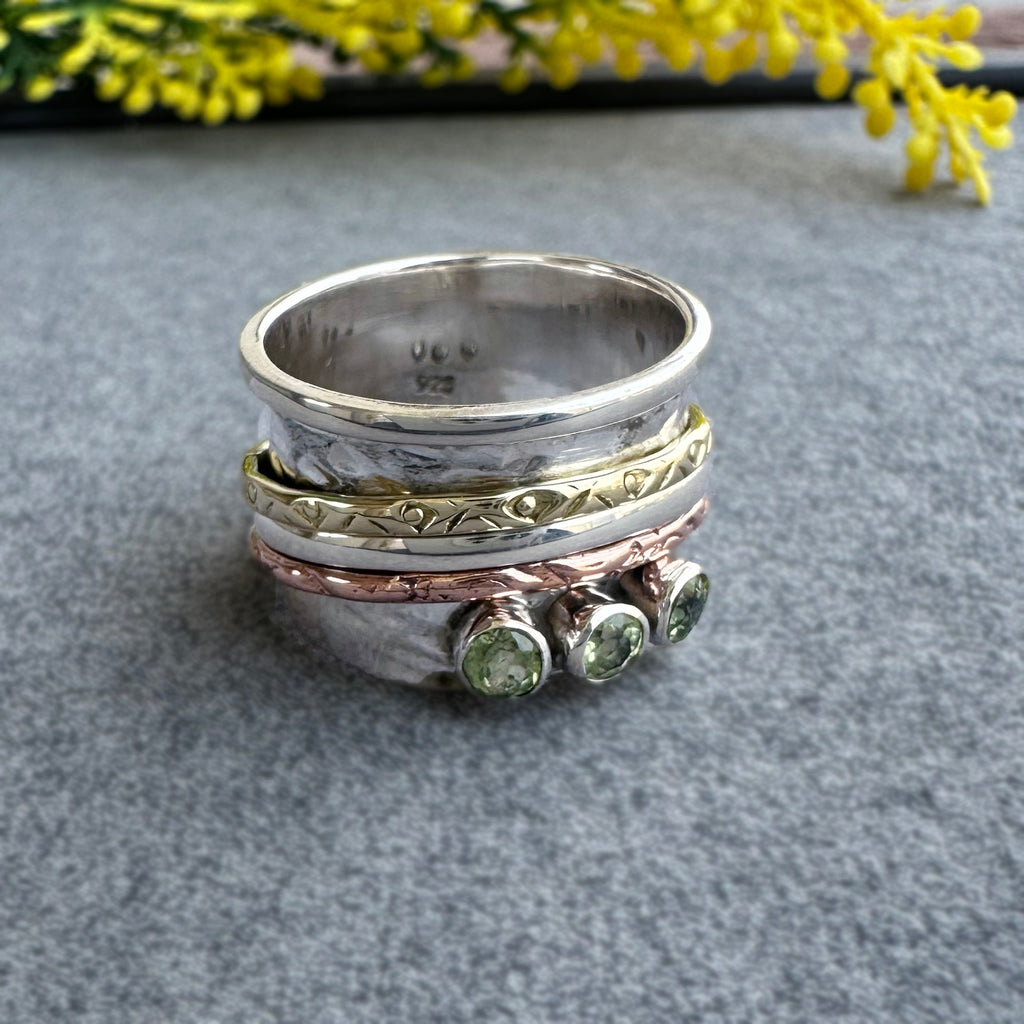 Mixed Metal Spinner Ring with Peridot – Three Peridot Stone Meditation Ring – Sterling Silver, Copper, and Brass Boho Ring