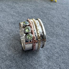 Mixed Metal Spinner Ring with Peridot – Three Peridot Stone Meditation Ring – Sterling Silver, Copper, and Brass Boho Ring
