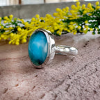 Oval Larimar Statement Ring – Solid Sterling Silver Solitaire – Bold Caribbean Blue Gemstone Jewelry