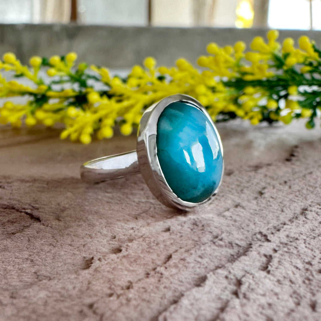 Oval Larimar Statement Ring – Solid Sterling Silver Solitaire – Bold Caribbean Blue Gemstone Jewelry