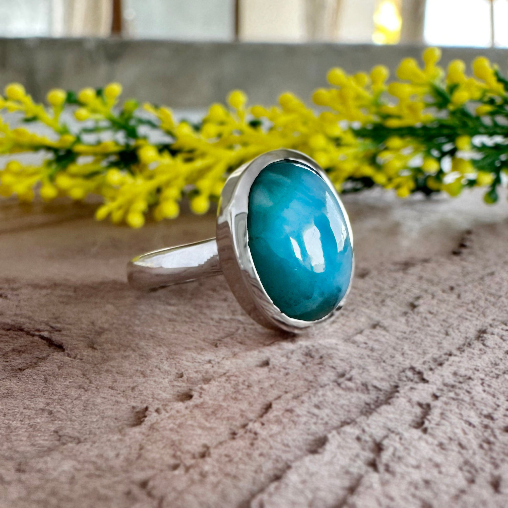 Oval Larimar Statement Ring – Solid Sterling Silver Solitaire – Bold Caribbean Blue Gemstone Jewelry