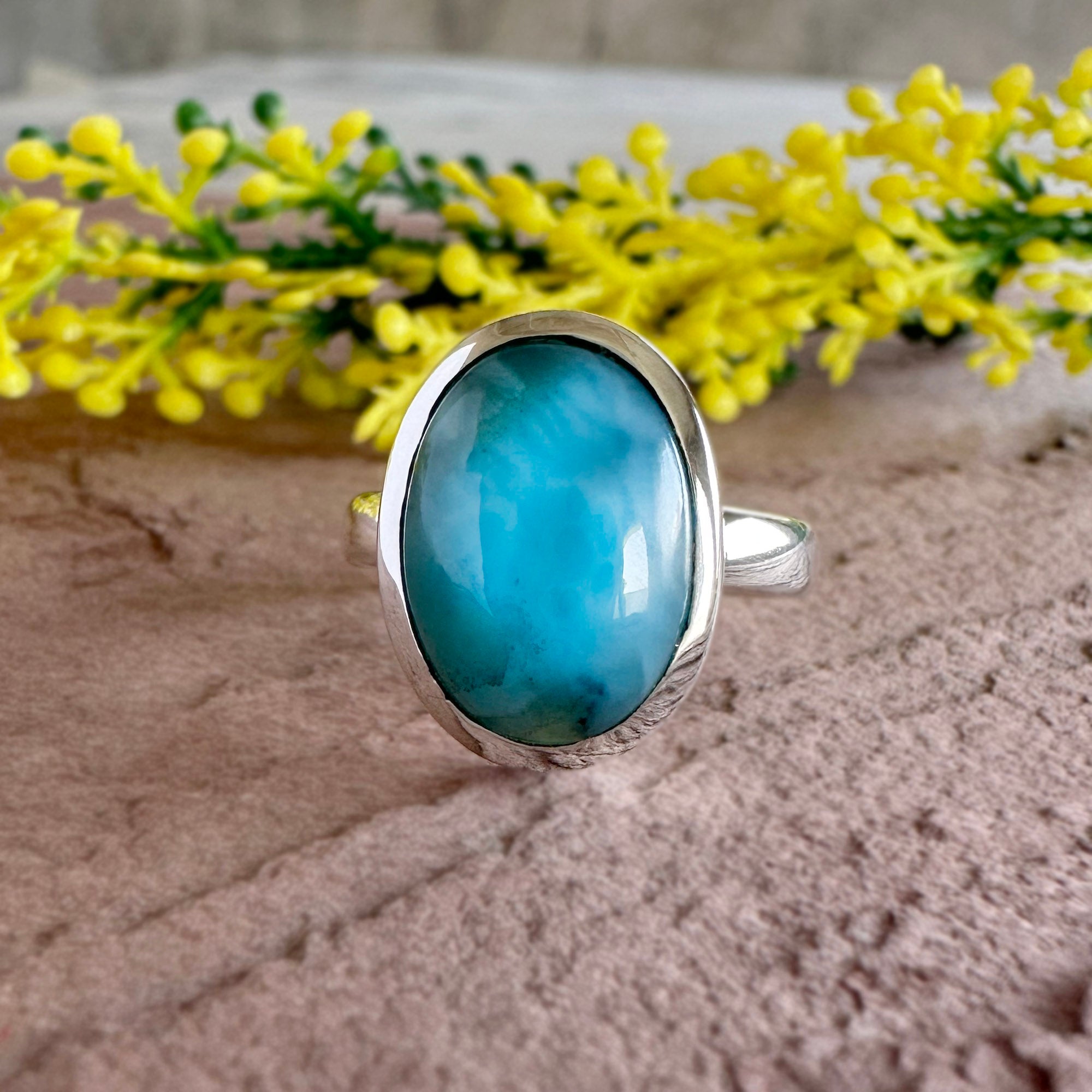 Oval Larimar Statement Ring – Solid Sterling Silver Solitaire – Bold Caribbean Blue Gemstone Jewelry
