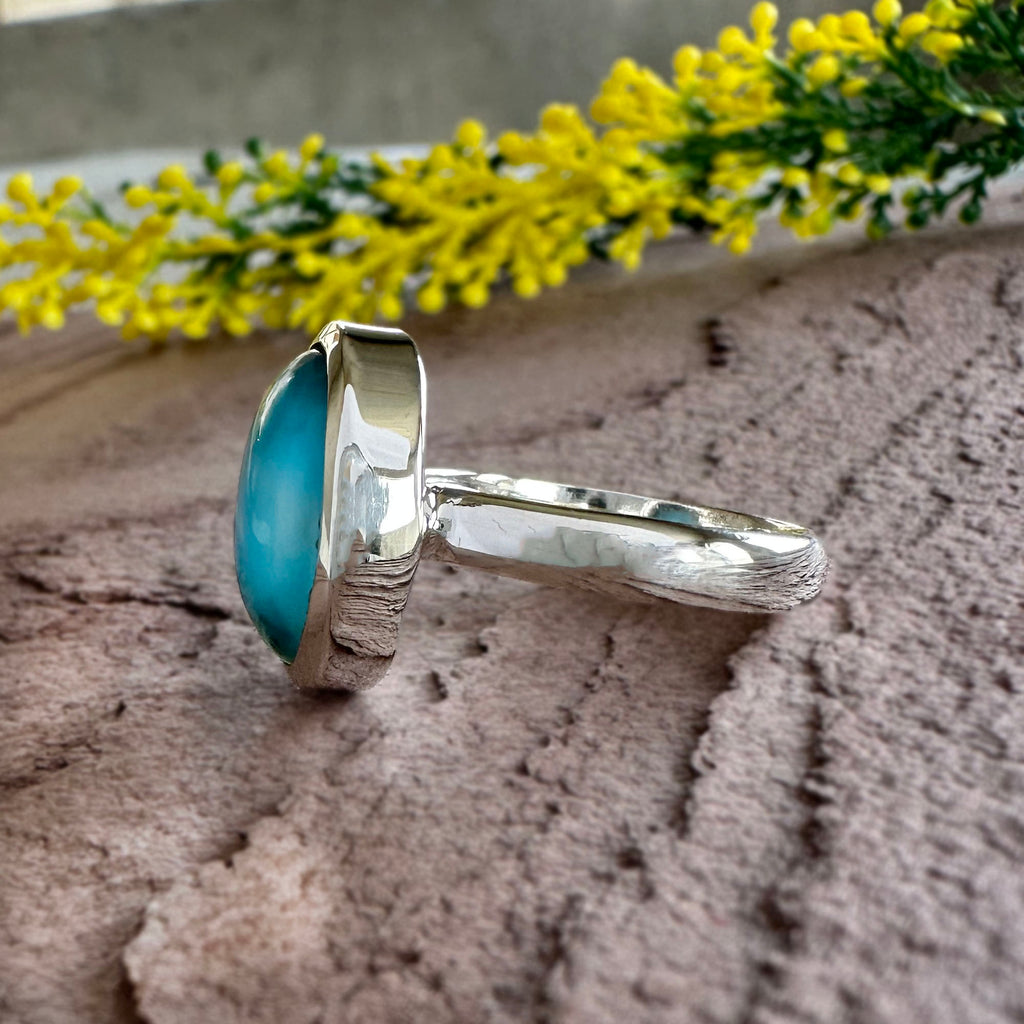 Oval Larimar Statement Ring – Solid Sterling Silver Solitaire – Bold Caribbean Blue Gemstone Jewelry