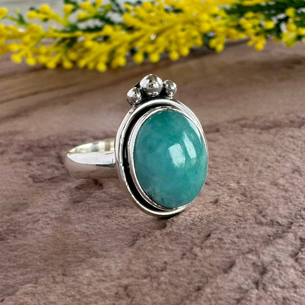 Larimar Crown Ring with Triple Silver Bead Accent – 925 Silver