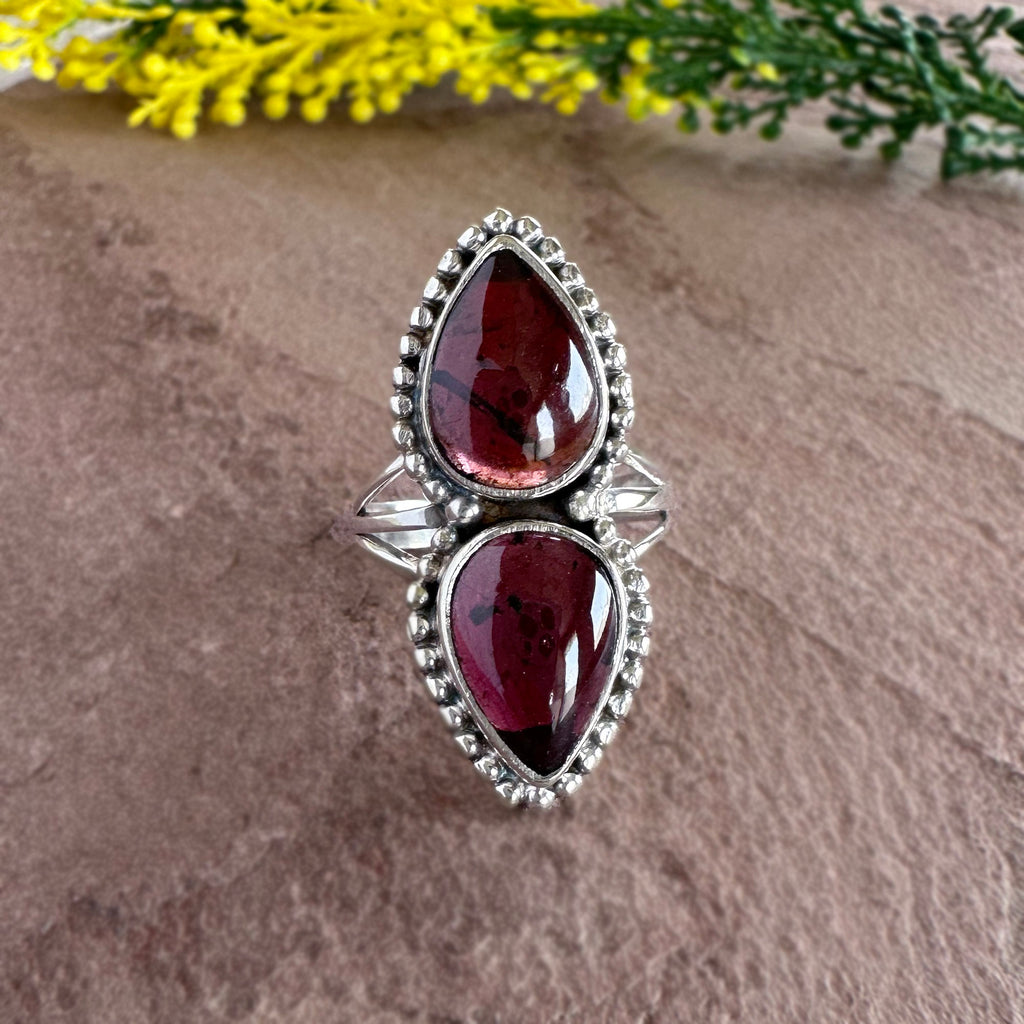 Natural Red Garnet Ring – Double Teardrop Silver Artisan Boho Jewelry- Romantic Garnet Ring