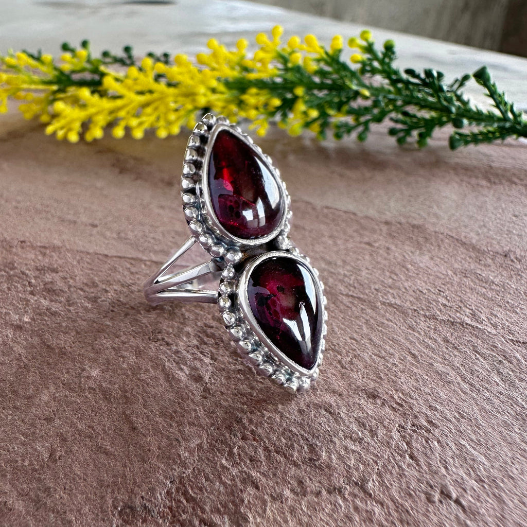 Natural Red Garnet Ring – Double Teardrop Silver Artisan Boho Jewelry- Romantic Garnet Ring
