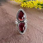 Natural Red Garnet Ring – Double Teardrop Silver Artisan Boho Jewelry- Romantic Garnet Ring