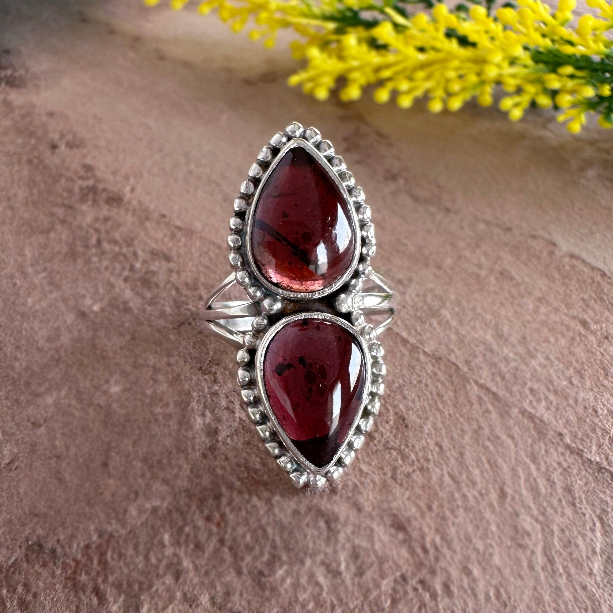 Natural Red Garnet Ring – Double Teardrop Silver Artisan Boho Jewelry- Romantic Garnet Ring