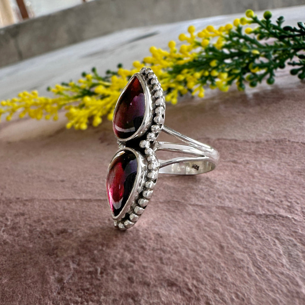 Natural Red Garnet Ring – Double Teardrop Silver Artisan Boho Jewelry- Romantic Garnet Ring